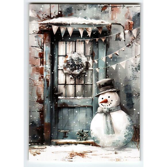 Vintage Christmas Snowman by Blue Door Snowy Winter Scene Postcard - Picture 1 of 2